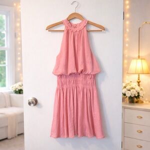 ✨ GLAM Pink Halter Spring Mini Dress w Smocked Waist Size S